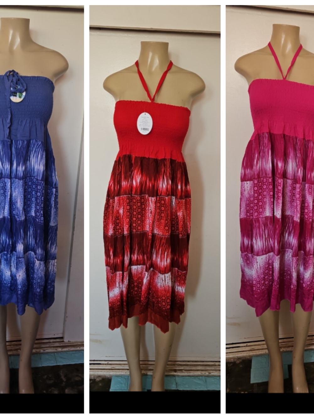 Strapless Smocked Midi Dress — Blue, Red, and Pink